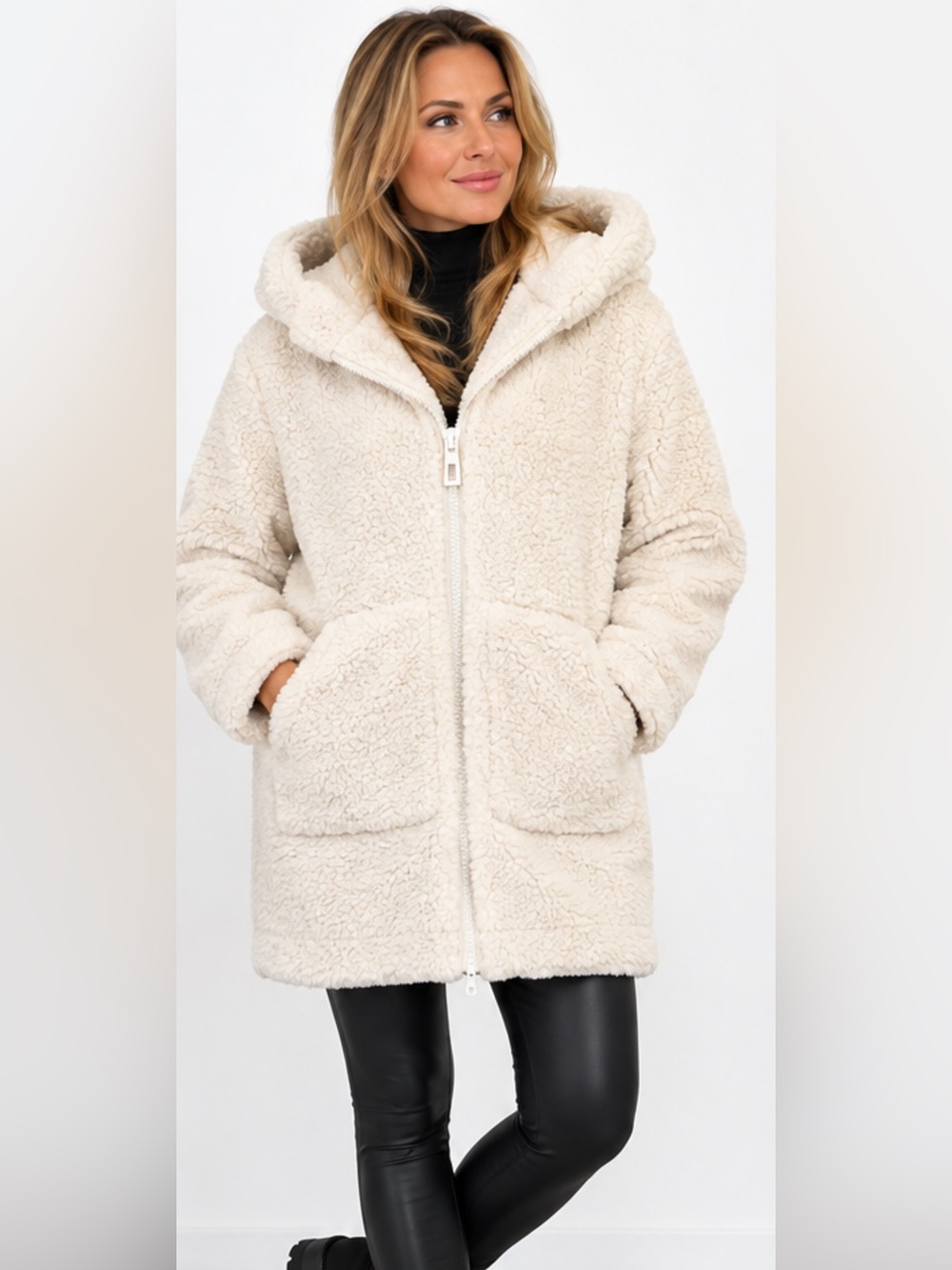 Le Grenier Ivory Sherpa Teddy Hooded Long Coat Jacket P/S Small